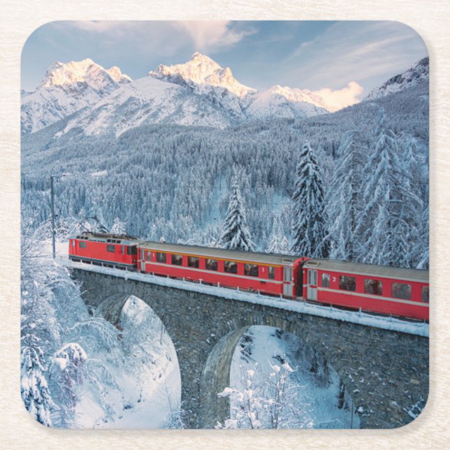Ice & Snow | Red Bernina Express Train Switzerland Square Paper Coaster (Front)