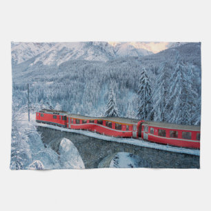 Ice & Snow Red Bernina Express Train Switzerland Tea Towel