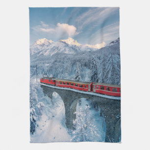 Ice & Snow Red Bernina Express Train Switzerland Tea Towel