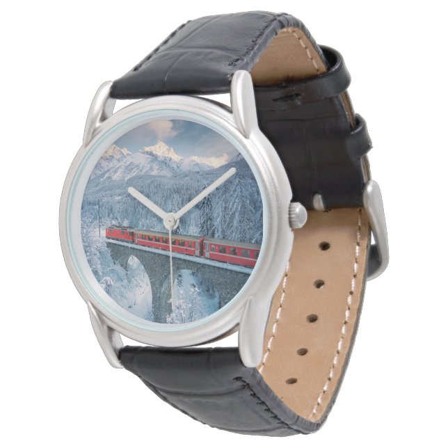 Ice & Snow | Red Bernina Express Train Switzerland Watch (Angled)