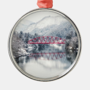 Ice & Snow   Red Bridge in Winter, Japan Metal Ornament