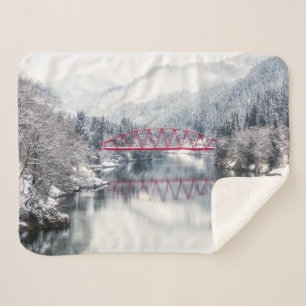 Ice & Snow Red Bridge in Winter, Japan Sherpa Blanket