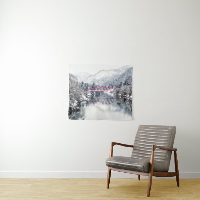 Ice & Snow | Red Bridge in Winter, Japan Tapestry (In Situ (Horizontal))