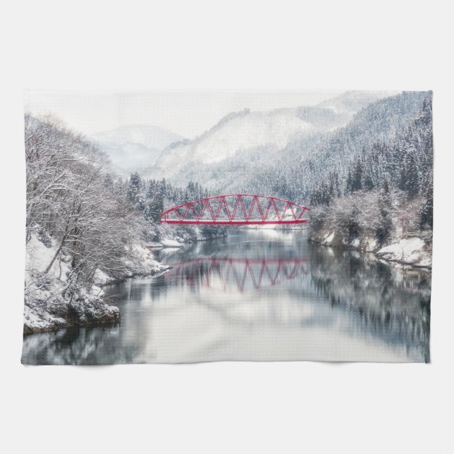 Ice & Snow | Red Bridge in Winter, Japan Tea Towel (Horizontal)
