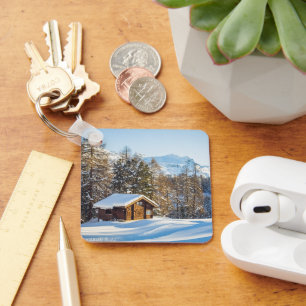 Ice & Snow Winter Log Cabin Swiss Alps Key Ring