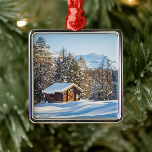 Ice & Snow | Winter Log Cabin Swiss Alps Metal Ornament (Tree)