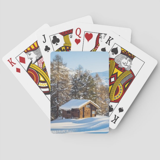 Ice & Snow | Winter Log Cabin Swiss Alps Playing Cards (Back)
