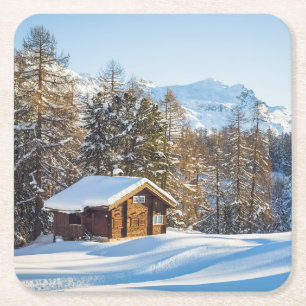 Ice & Snow Winter Log Cabin Swiss Alps Square Paper Coaster