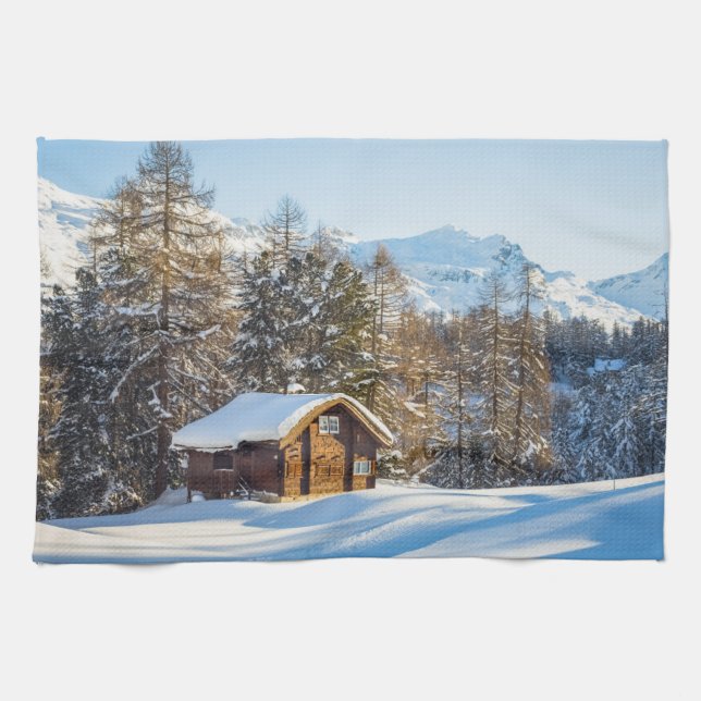 Ice & Snow | Winter Log Cabin Swiss Alps Tea Towel (Horizontal)