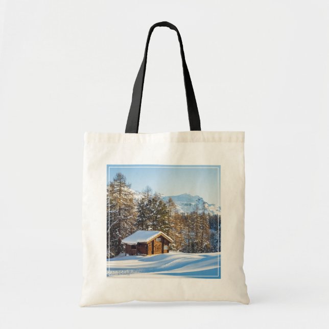 Ice & Snow | Winter Log Cabin Swiss Alps Tote Bag (Front)