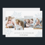 Ice | Snowdrop 4 Photo Collage Hanukkah Holiday Card<br><div class="desc">Unique modern Hanukkah card design features four favourite photos arranged side by side with oversized pale blue snowflake silhouettes in the background. Personalise with your custom holiday greeting and family name(s) beneath in classic lettering; shown with "Joyous Hanukkah."</div>