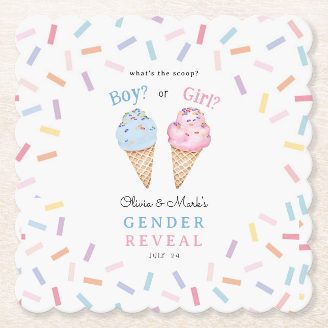 Icecream Gender Reveal Paper Coaster (Front)
