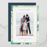 Iced Agate Border | Hanukkah Photo Gold Foil Holiday Card<br><div class="desc">Send Hanukkah greetings to friends and family with our elegant photo cards. Designed to accommodate a single vertical or portrait orientated photo,  card features a watercolor geode agate slice border in airy aqua and green with a gold foil border. Personalise with your custom Hanukkah greeting and family name(s).</div>