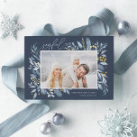 Iced Branches | Elegant Photo Gold Foil Holiday Card<br><div class="desc">This simple and elegant nature-inspired holiday card features your favourite horizontal or landscape-orientated photo adorned at the corners with sprigs of graceful icy blue watercolor foliage with gold foil accents. "Joyful" appears at the top left in chic handwritten script lettering, with your names and the year at the bottom right....</div>