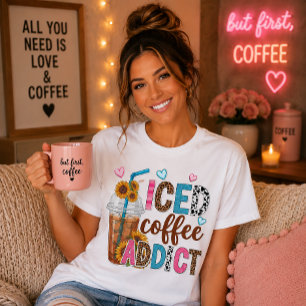 Iced Coffee Addict Sunflower Leopard Print Cute T-Shirt