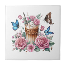Iced Coffee & Butterfly Floral Ceramic Tile
