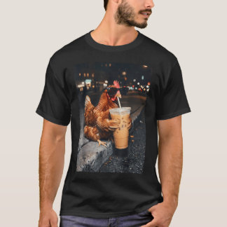 Iced Coffee Chick Hen Rooster Night City Cool T-Shirt
