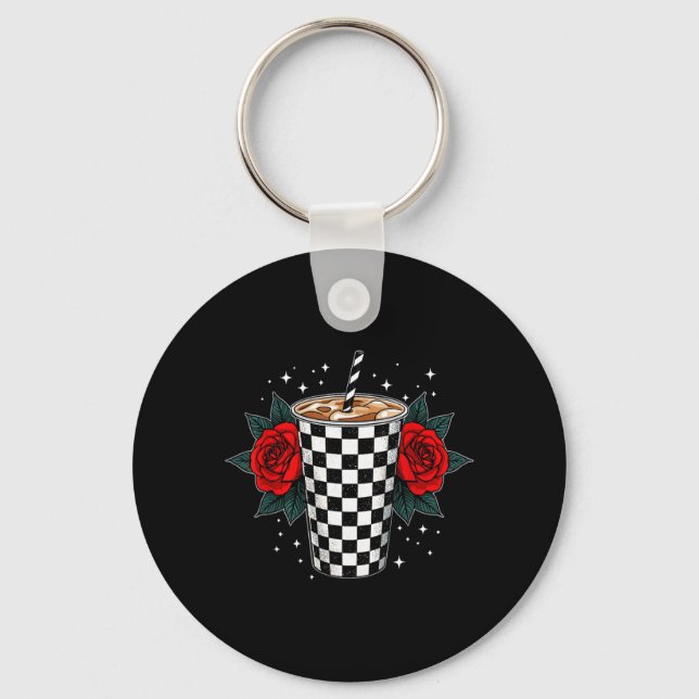 Iced Coffee Cup Roses Drink Refreshment Key Ring (Front)