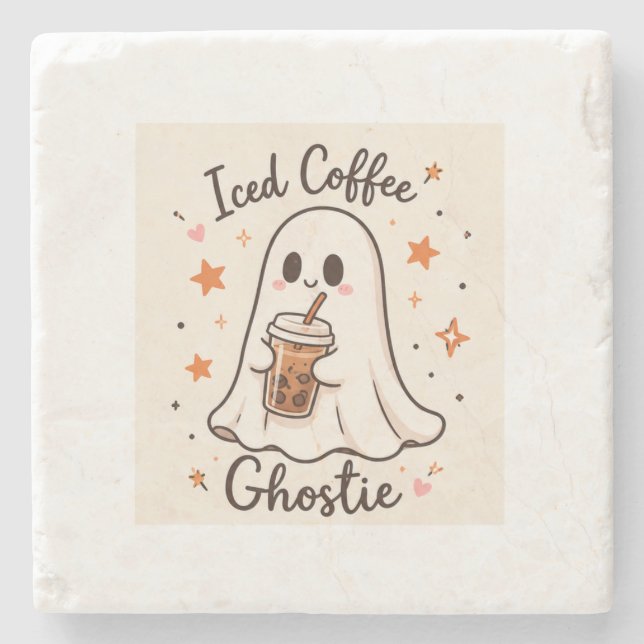 Iced Coffee Ghostie - Cute Halloween  Stone Coaster (Front)
