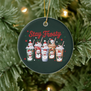 Iced Coffee Stay Frosty Christmas Snowman Xmas Ceramic Ornament