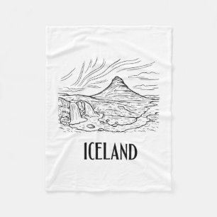 Iceland Aurora Borealis Line Art Drawing Vacation Fleece Blanket