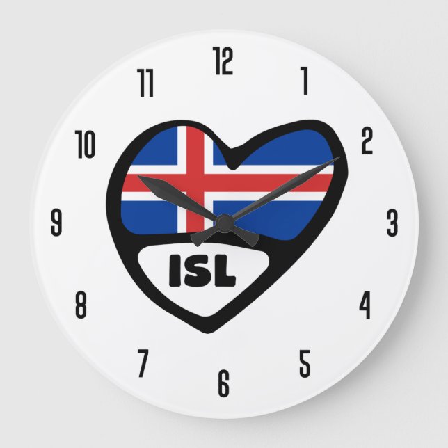 Iceland Country Code ISL Flag Heart Large Clock (Front)