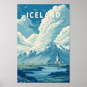 Iceland Illustration Travel Art Vintage Poster