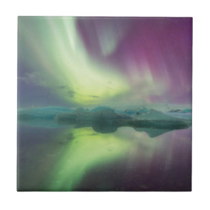 Iceland, Jokulsarlon. Aurora Lights Reflect Ceramic Tile