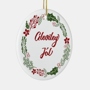 Iceland Merry Christmas Wreath, Gleðileg jól Ceramic Ornament