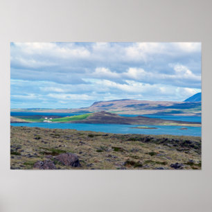 Iceland morning seascape with farms in a fjord poster