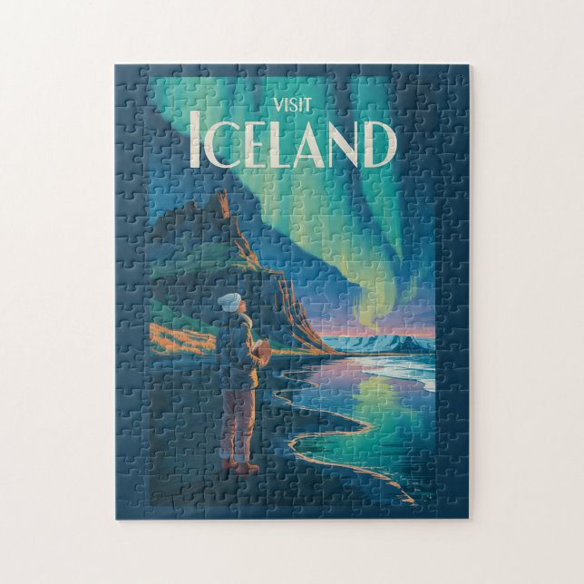 Iceland Northern Lights Illustration Travel Art Vi Jigsaw Puzzle (Vertical)