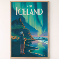 Iceland Northern Lights Illustration Travel Art Vi