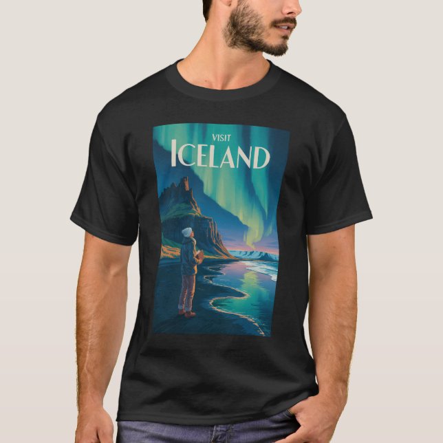 Iceland Northern Lights Illustration Travel Art Vi T-Shirt (Front)