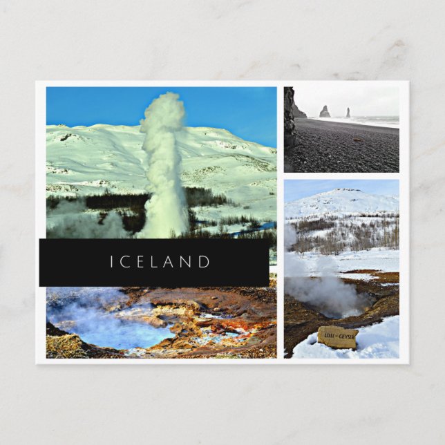 Iceland postcard - geyser, hot spring, black sand (Front)