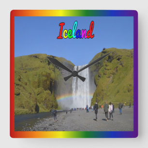 Iceland - Rainbow Waterfall Square Wall Clock