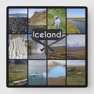 Iceland Summer Landscape Collage Square Wall Clock