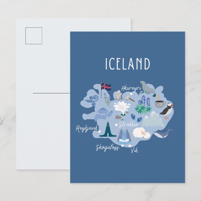 Iceland travel map (dark blue) postcard (Front/Back)