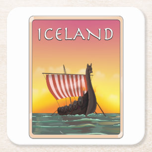 Iceland Viking Travel poster Square Paper Coaster