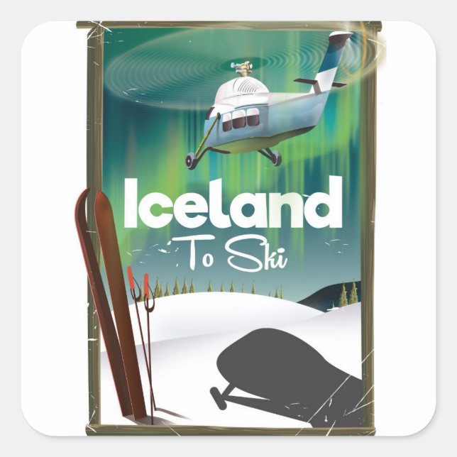 Iceland vintage ski poster square sticker (Front)