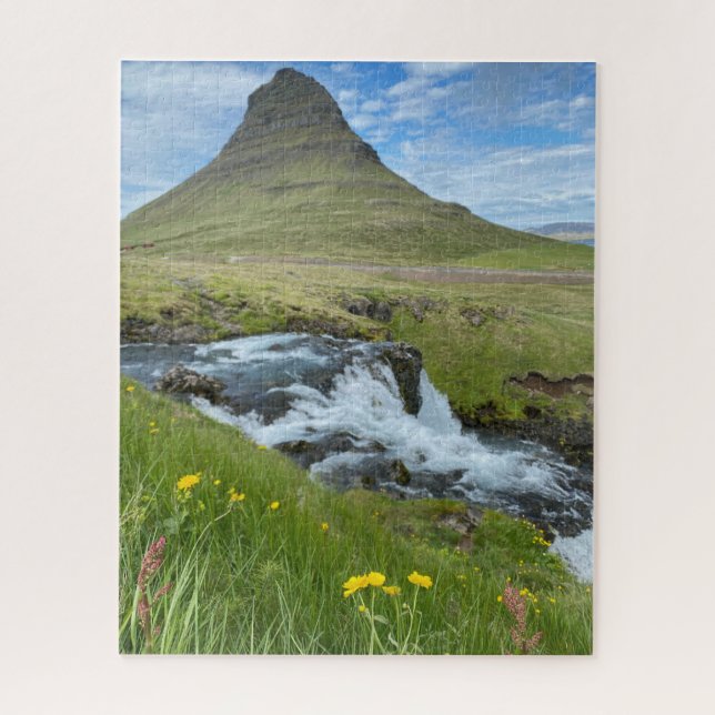 Iceland Waterfall and Mountain with Flowers  Jigsaw Puzzle (Vertical)