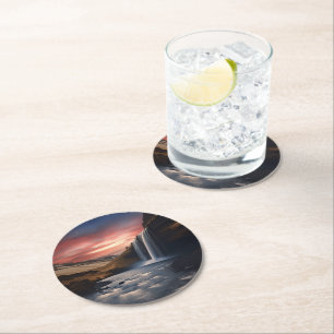Iceland waterfall landscape round paper coaster