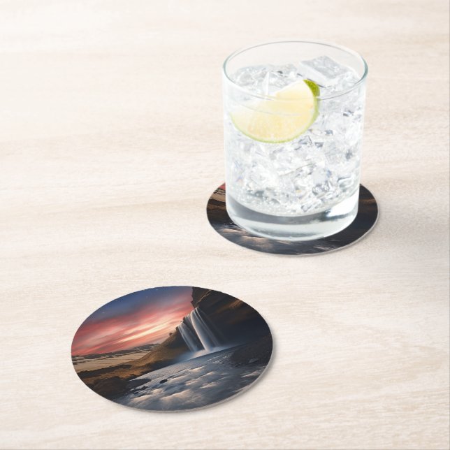 Iceland waterfall landscape round paper coaster (Insitu)