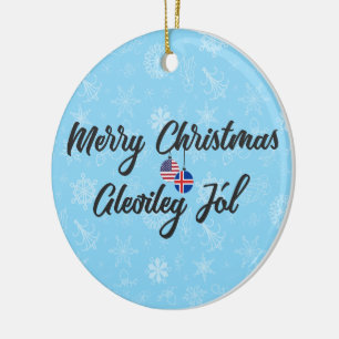 Icelandic American Bilingual Merry Christmas Ceramic Ornament