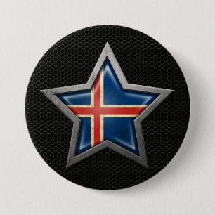 Icelandic Flag Star with Steel Mesh Effect 7.5 Cm Round Badge