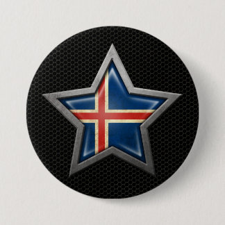 Icelandic Flag Star with Steel Mesh Effect 7.5 Cm Round Badge