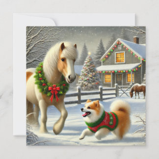 Icelandic Horse and Dog Christmas Card