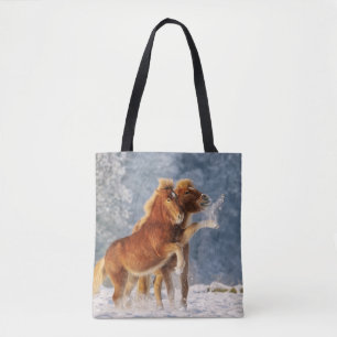 Icelandic Horses Foal Playing in Snow Funny Photo Tote Bag