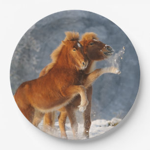 Icelandic Horses Foal Playing in Snow, Happy Party Paper Plate