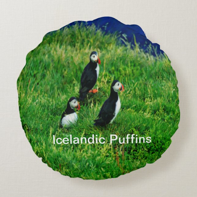 Icelandic Puffins in Summer Round Cushion (Back)