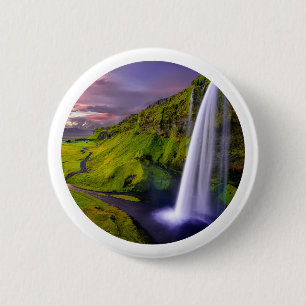 Icelandic Waterfall Green Nature Photo 6 Cm Round Badge